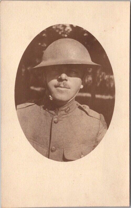 c1920s Military Photo RPPC Postcard Close-Up of Soldier in Helmet / Mustache