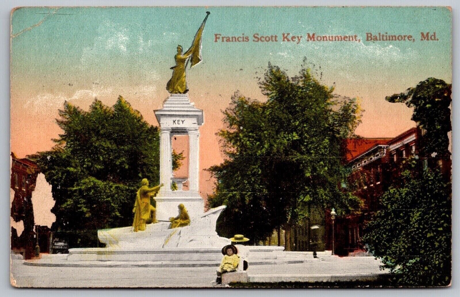 Francis Scott Key Monument Baltimore Maryland Statue Memorial Vintage Postcard