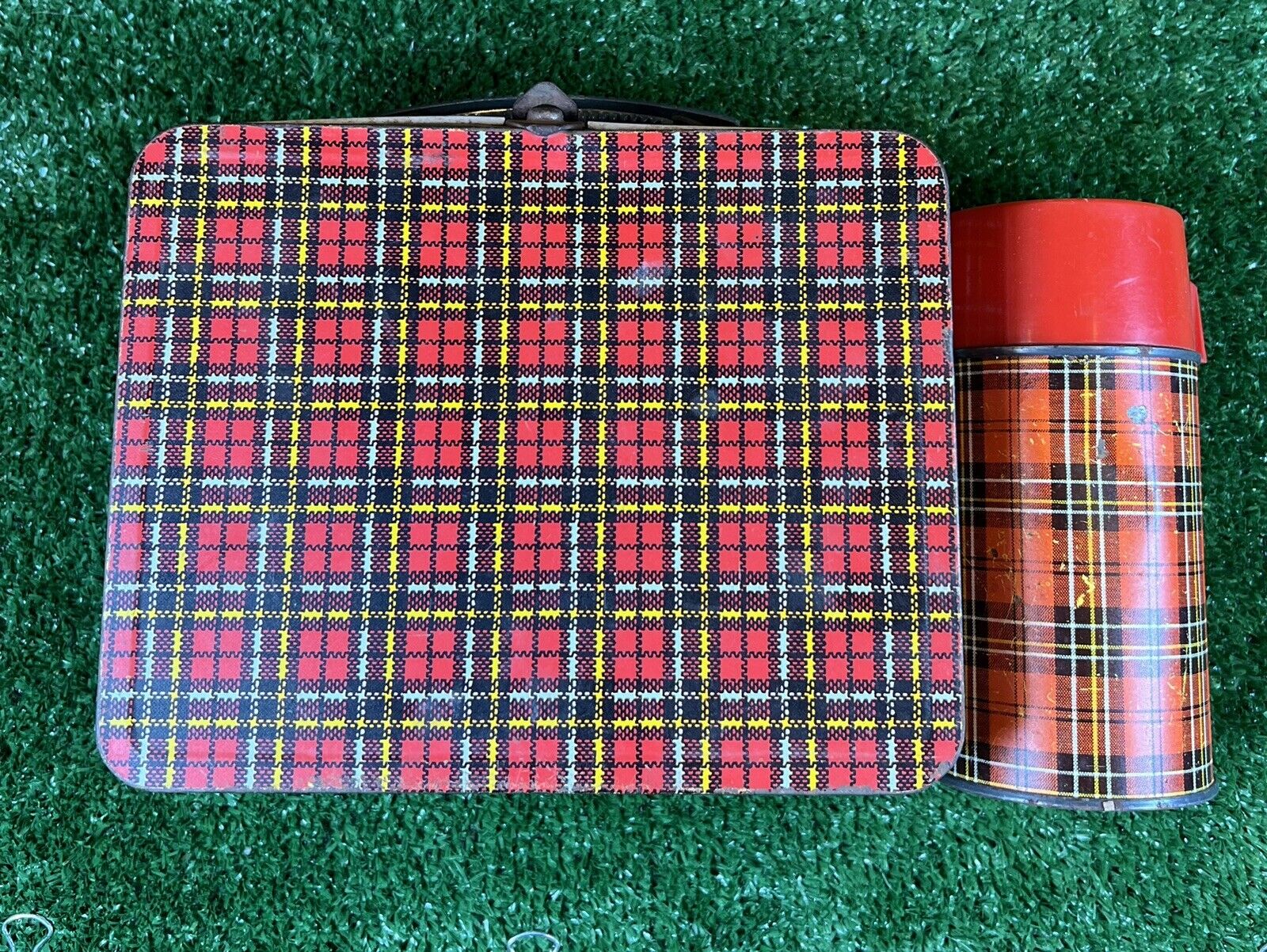 Vintage Metal Plaid Lunchbox 1960's With Thermos NICE