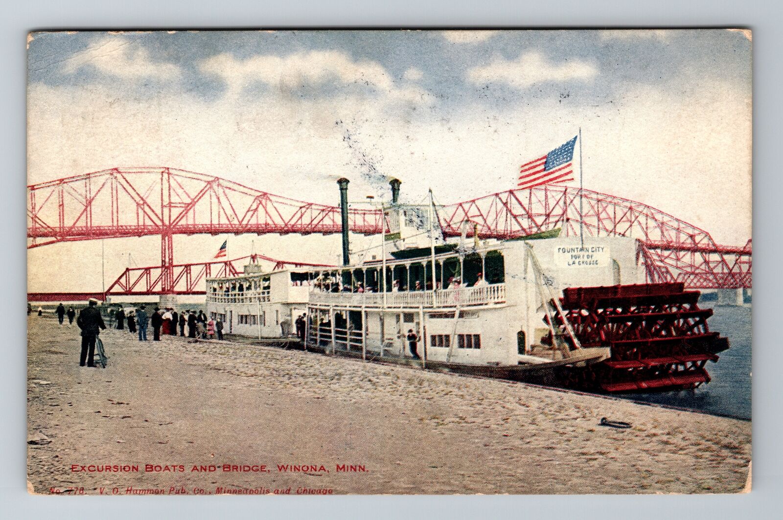 Winona MN-Minnesota, Excursion Boats And Bridge, Antique Vintage c1908 Postcard