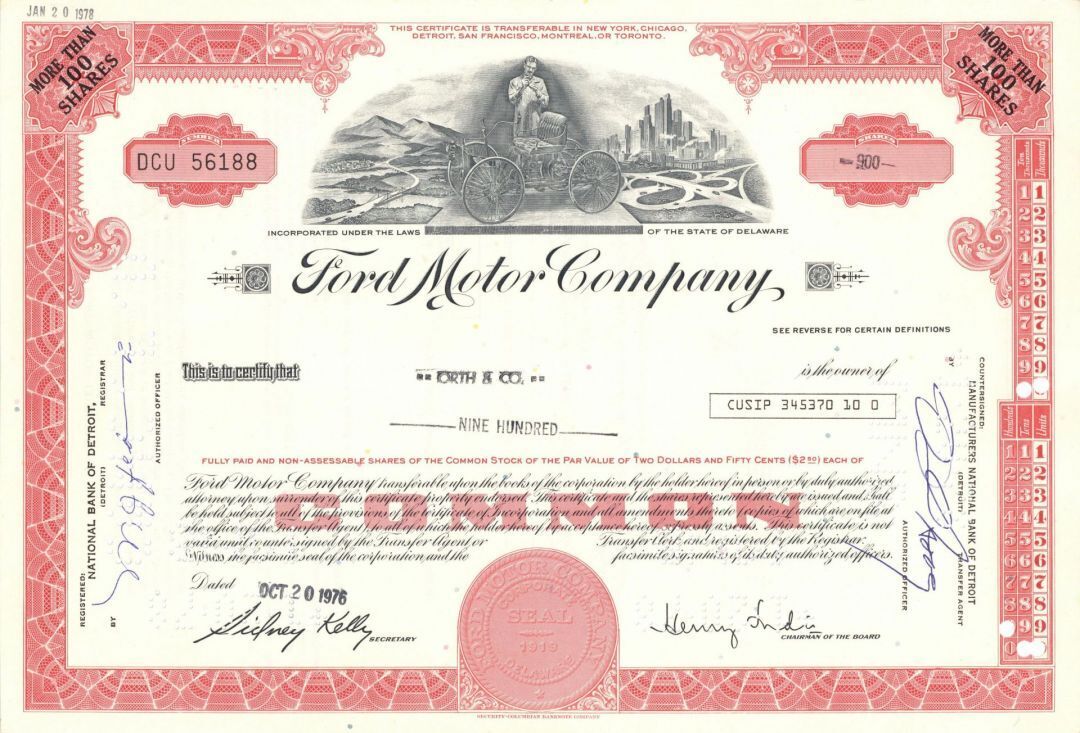 Ford Motor Co. - Automotive Stock Certificate dated 1970's - Automotive Stocks