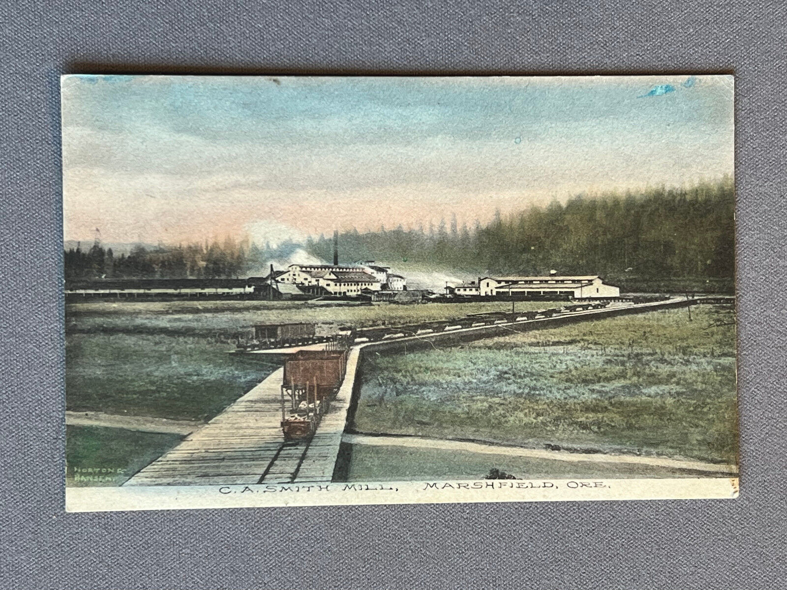 Oregon, OR, Marshfield, C. A. Smith Mill Smokestack & Railway Cars, ca 1910