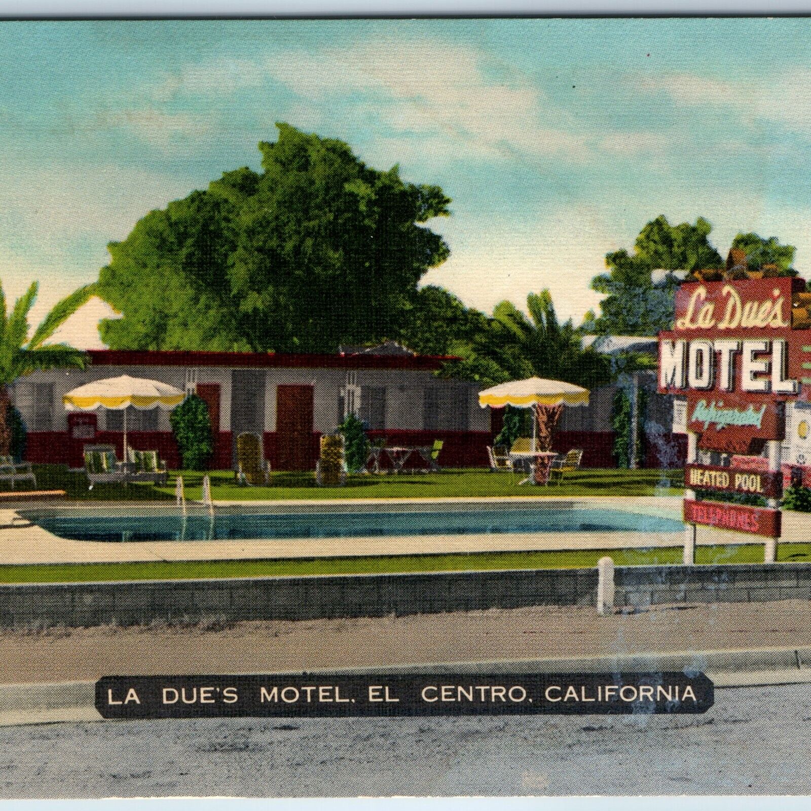 c1940s El Centro CA La Due's Motel Pool Roadside Umbrella Tree Neon Sign PC A219