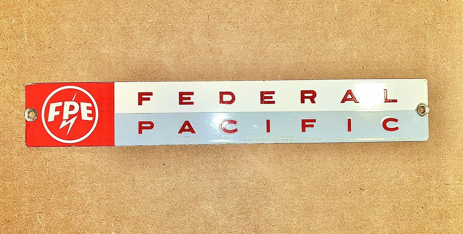 Vintage Federal Pacific Electric Old Porcelain Advertising Sign FPE 12”x 2”