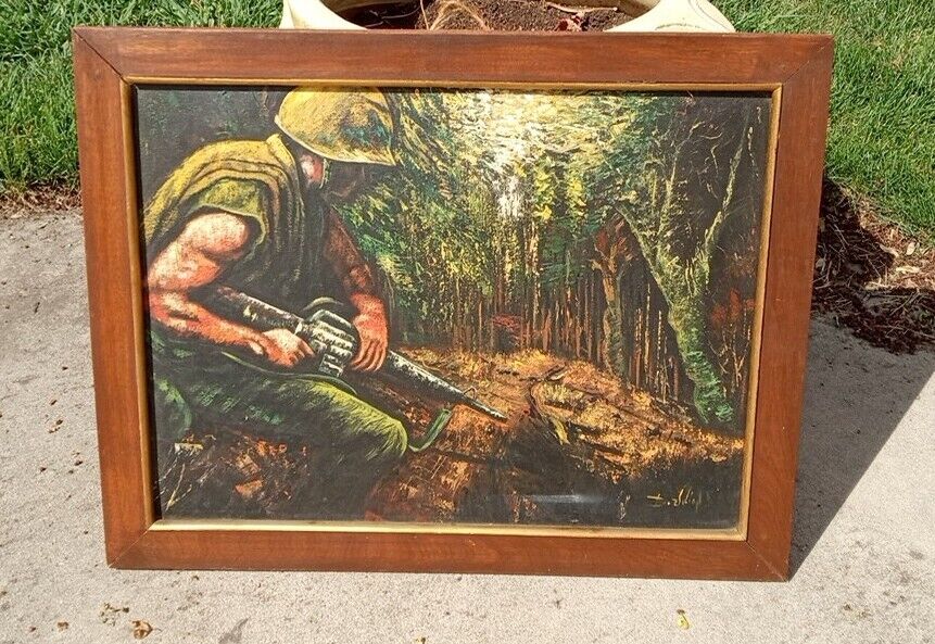 Vietnam War Period Oil Painting Soldier Crouched In The Jungle B. Julian