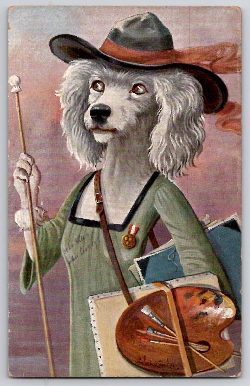 Anthropomorphic Dressed Poodle Dog As an Artist Postcard 2047/1 A/S L Schropler