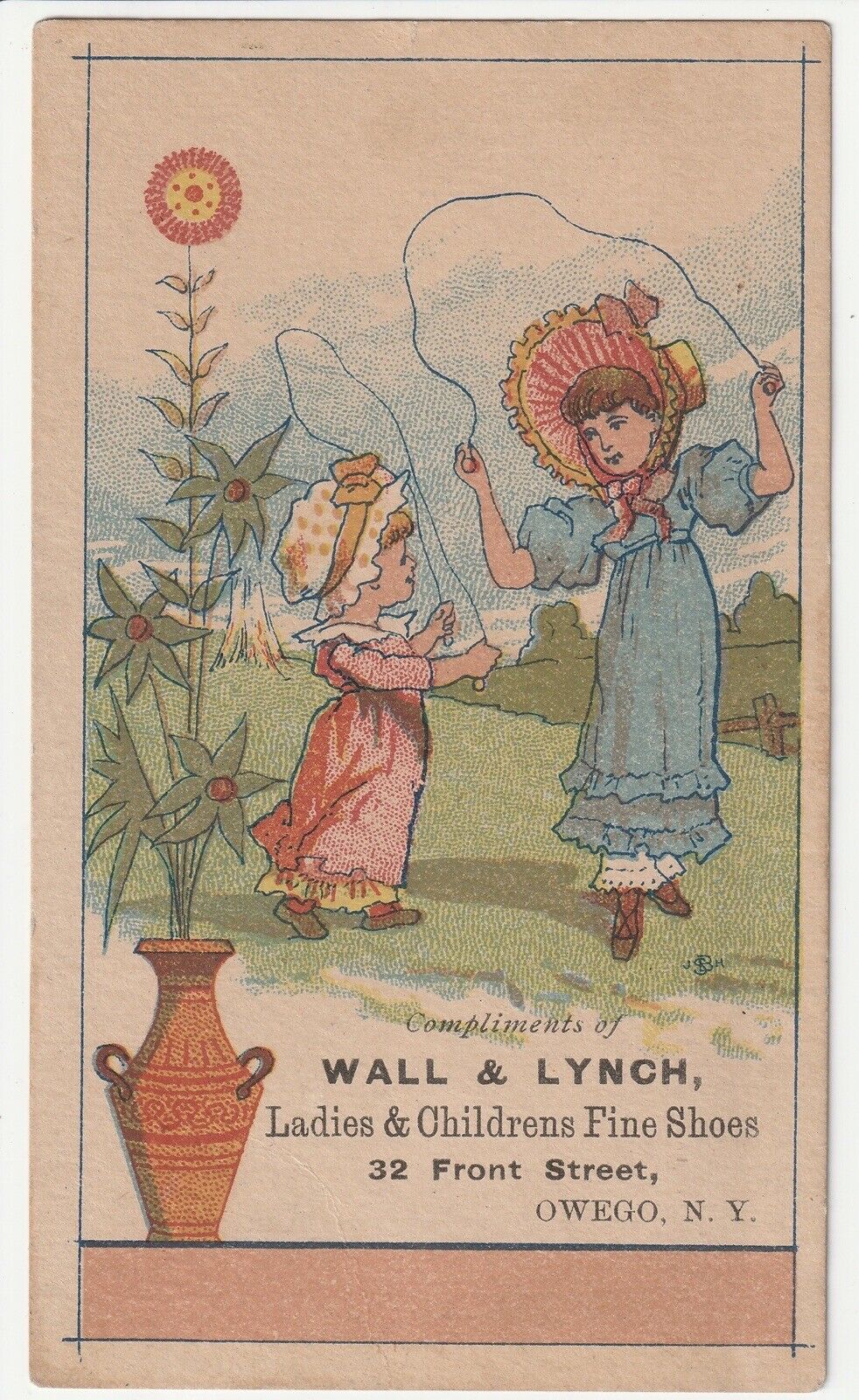 1880s~Owego New York NY~Girls Jumping Rope ~Kids Shoe Shop~Victorian Trade Card