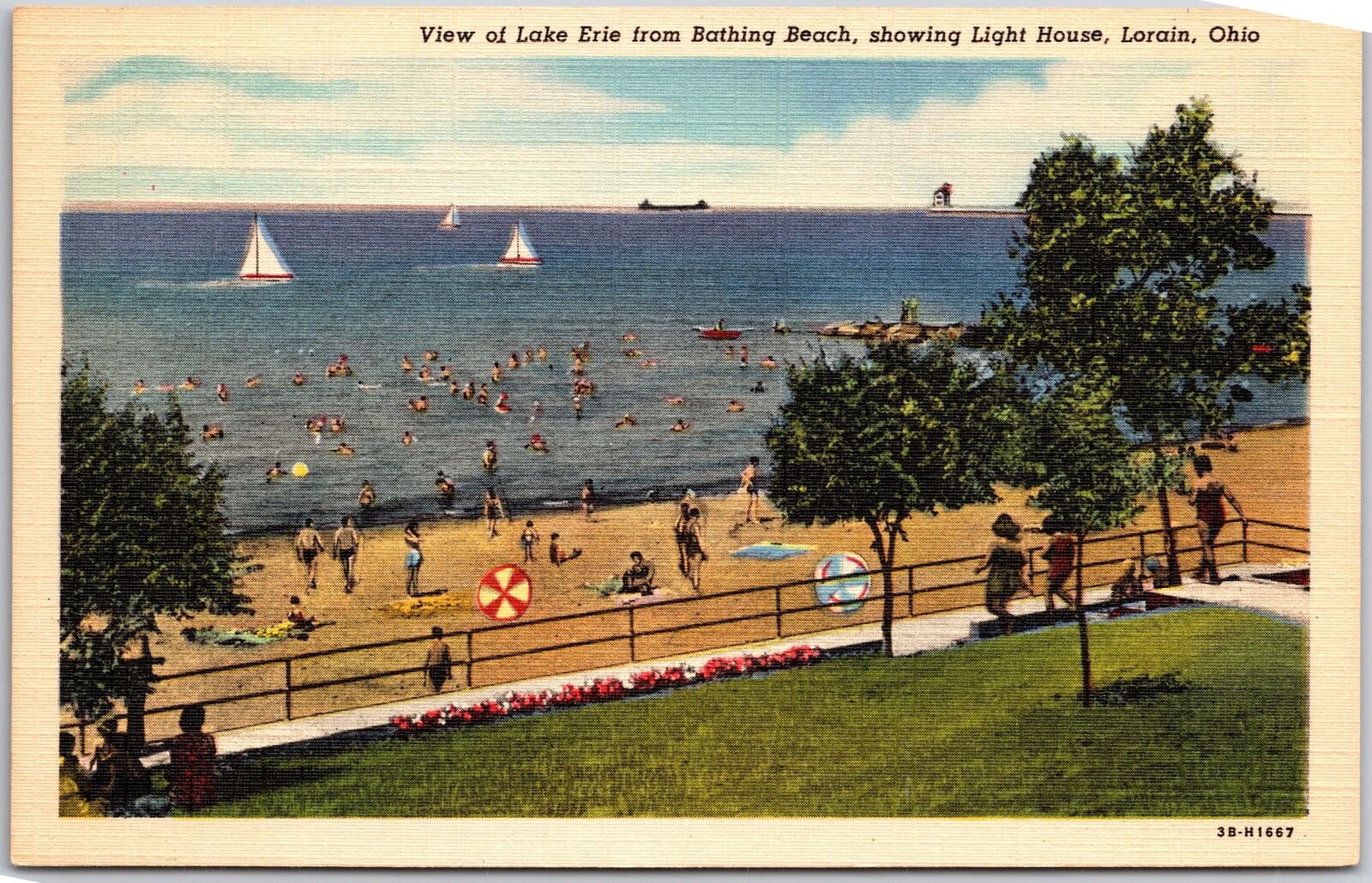 Lorain Ohio OH, Lake Erie from Bathing Beach, Light House, Vintage Postcard