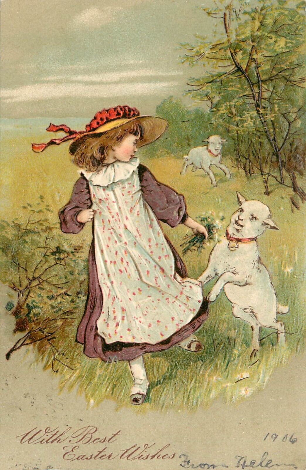 PFB Embossed Easter Postcard Little Girl With Lambs In Field 3545B Undiv. Back