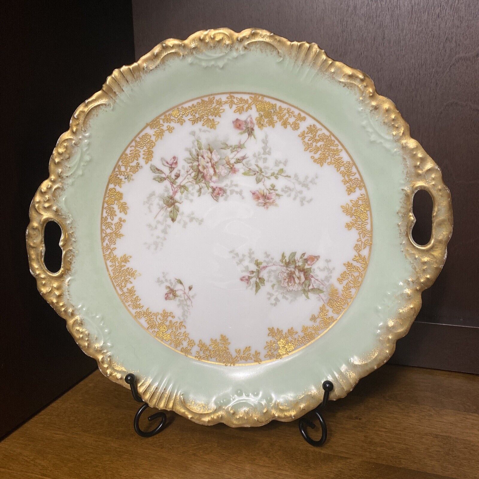 Beautiful Antique Limoges Hand Painted 10” Cake Plate w/Handles & Back Stamp