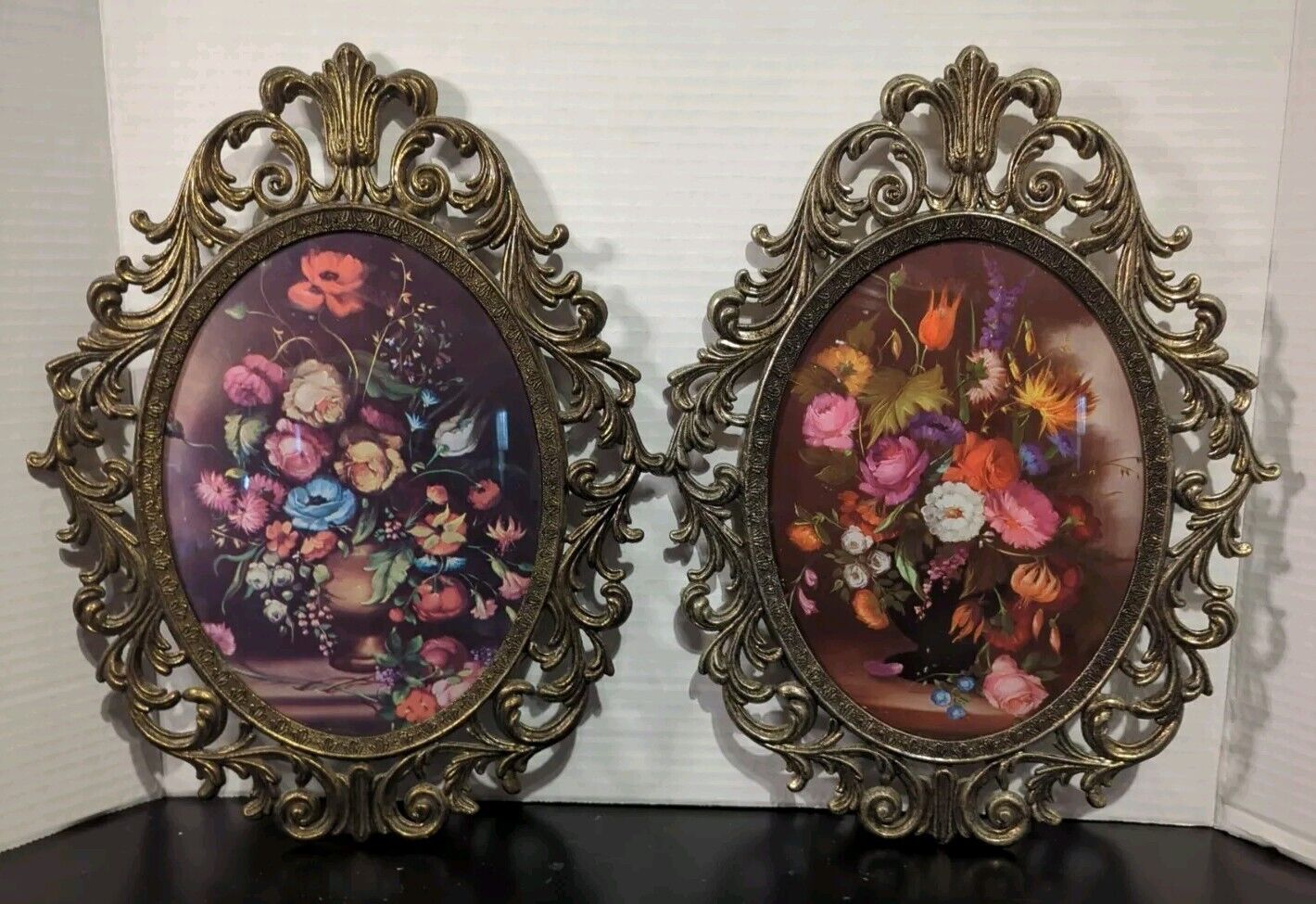 Pair Of Vintage Ornate Italian Brass Oval Frames Convex Glass & Floral Pictures