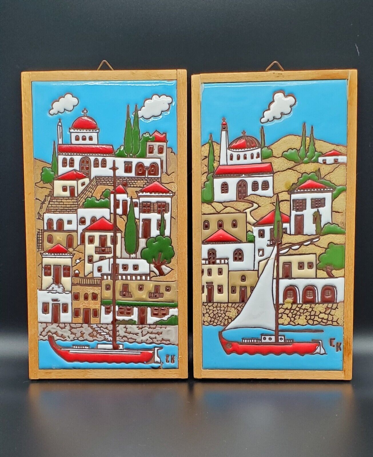 Vintage Greek Ceramic Art Tile Delfi Greece Sailing Island Signed Set of 2