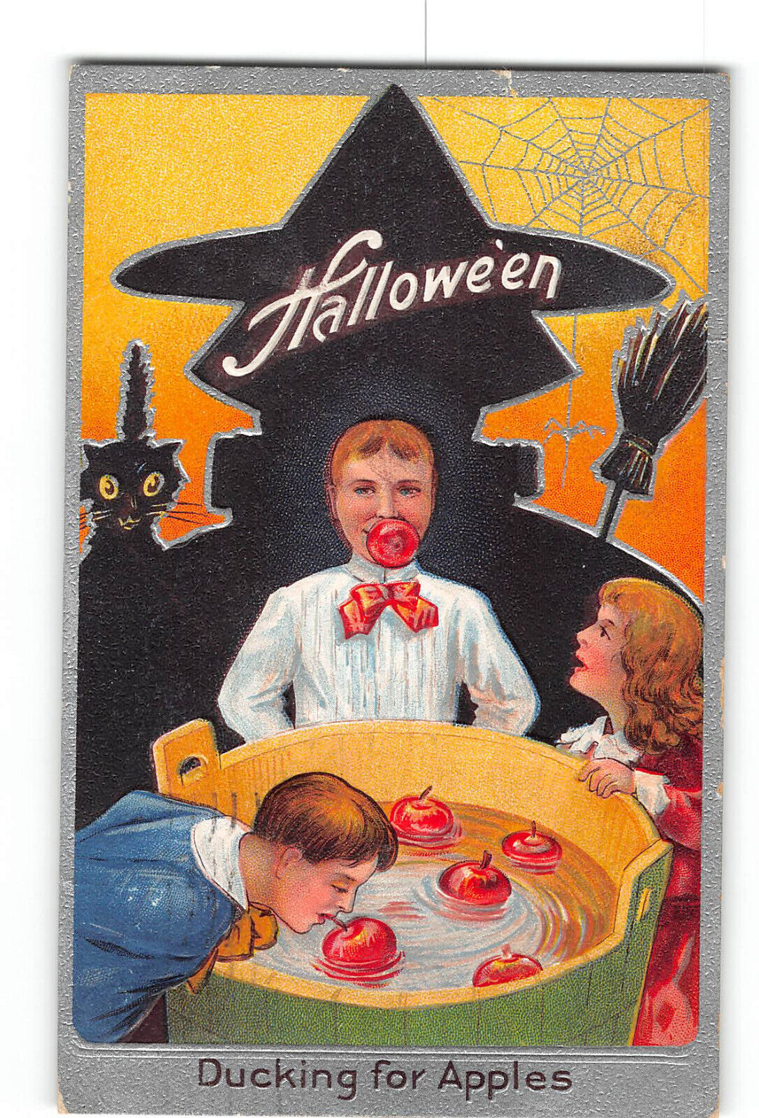 Halloween Embossed Silver Enhanced Postcard 1909 Ducking for Apples Witch Cat