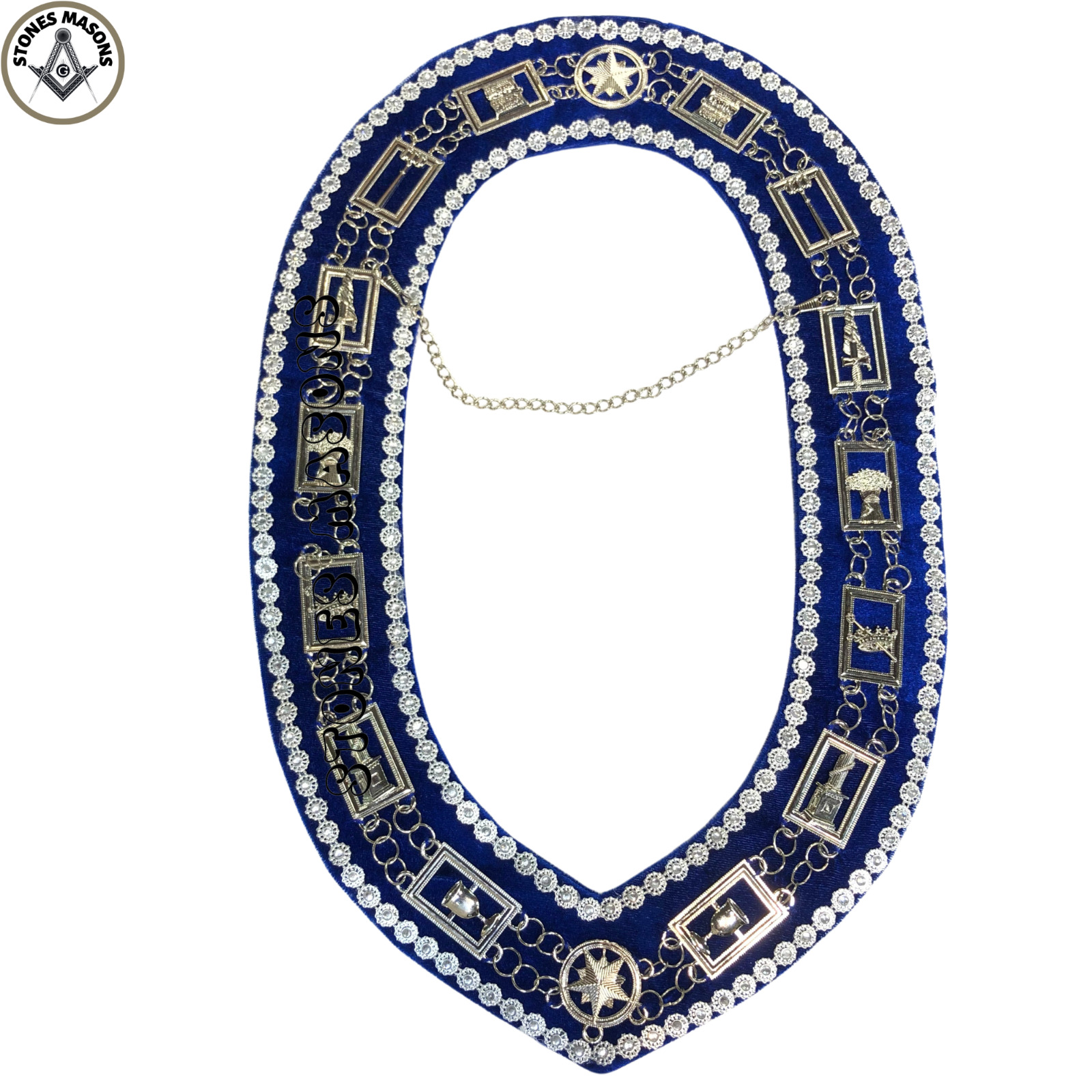 Blue Lodge Masonic Chain Collar Silver Tone Blue Velvet Backing with Rhinestone