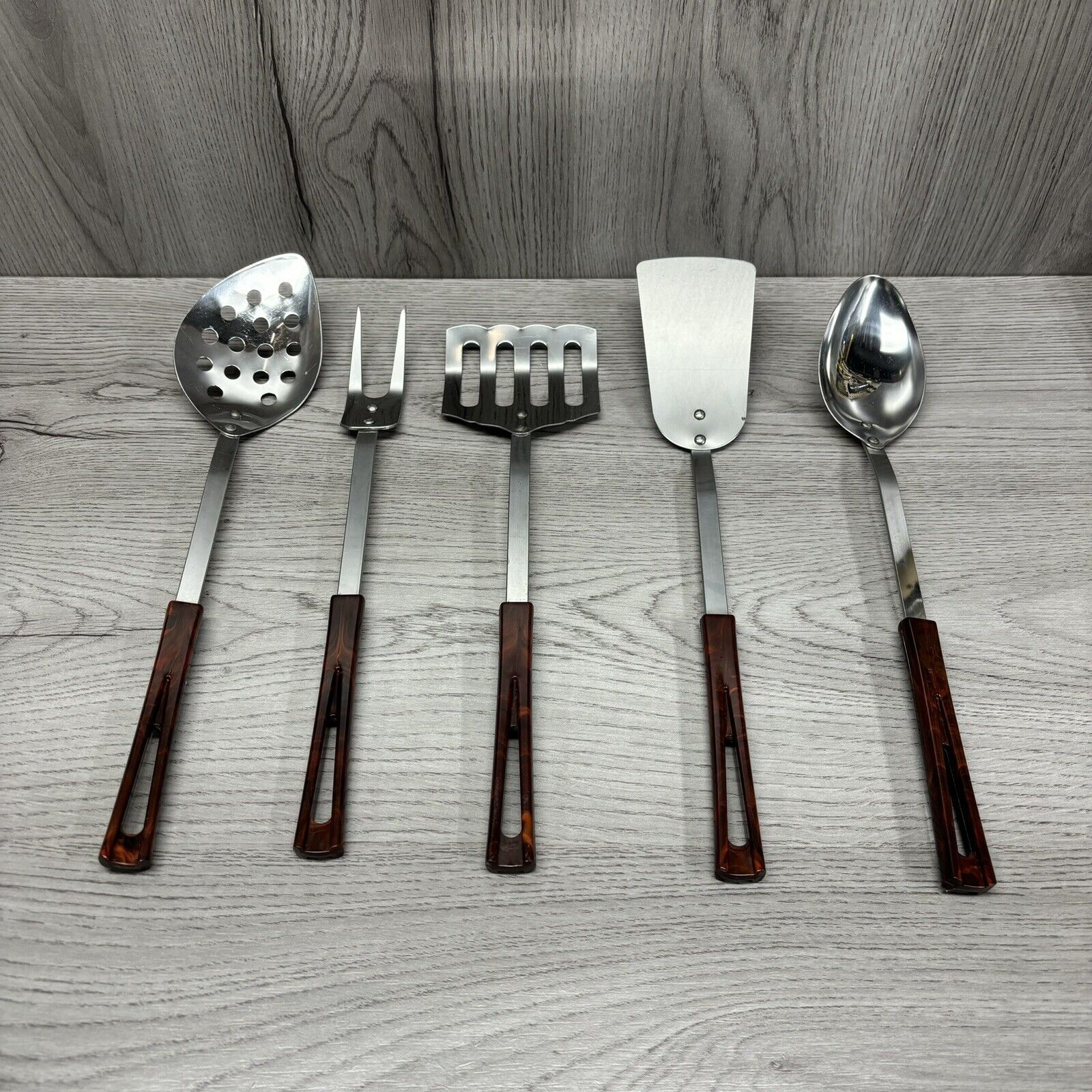 Vintage Stanhome Stainless Steel 5 Kitchen Utensils Bakelite Set Spoon Spatula