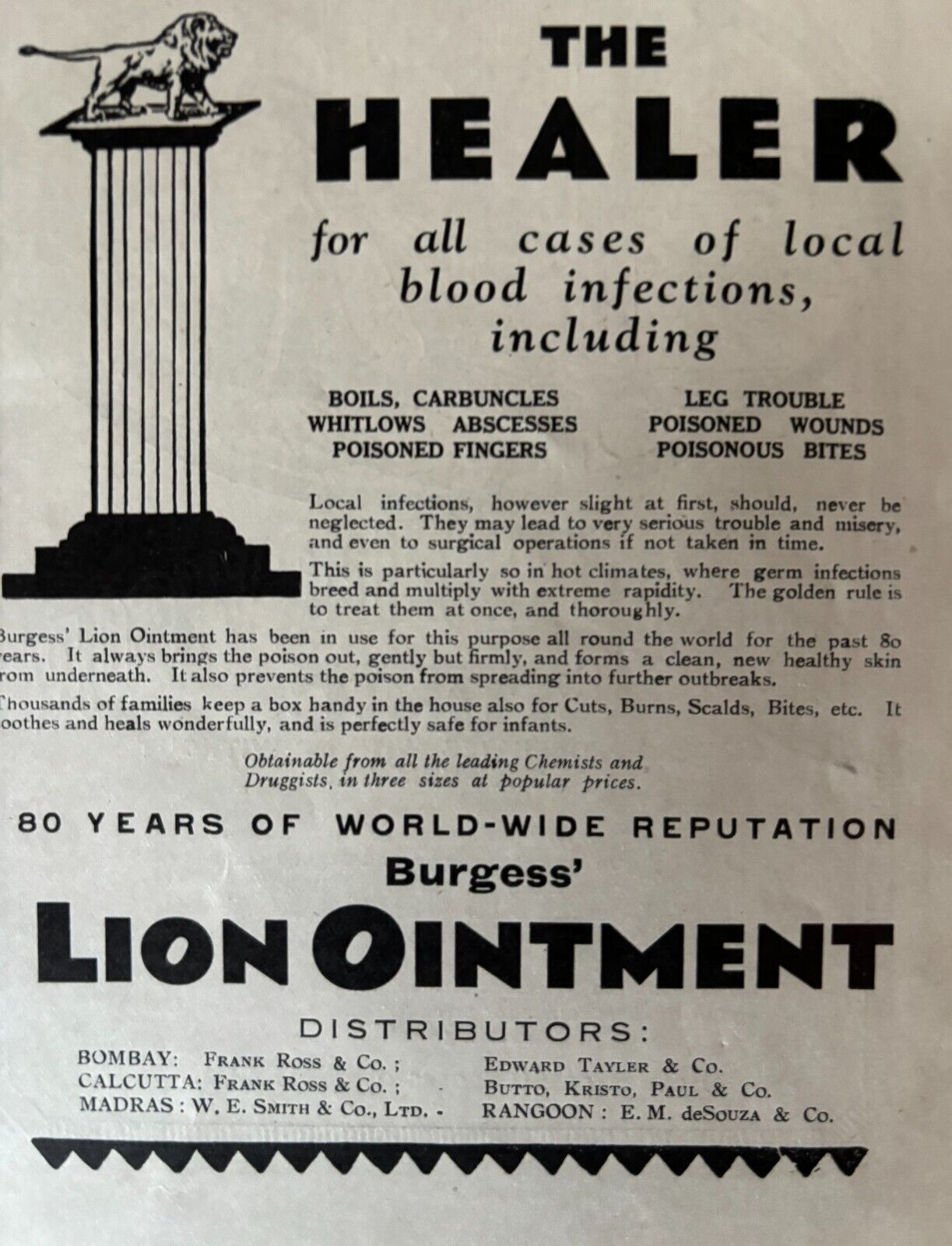 BURGESS LION OINTMENT THE HEALER INDIA BLOOD INFECTIONS VINTAGE PRINT AD 1930