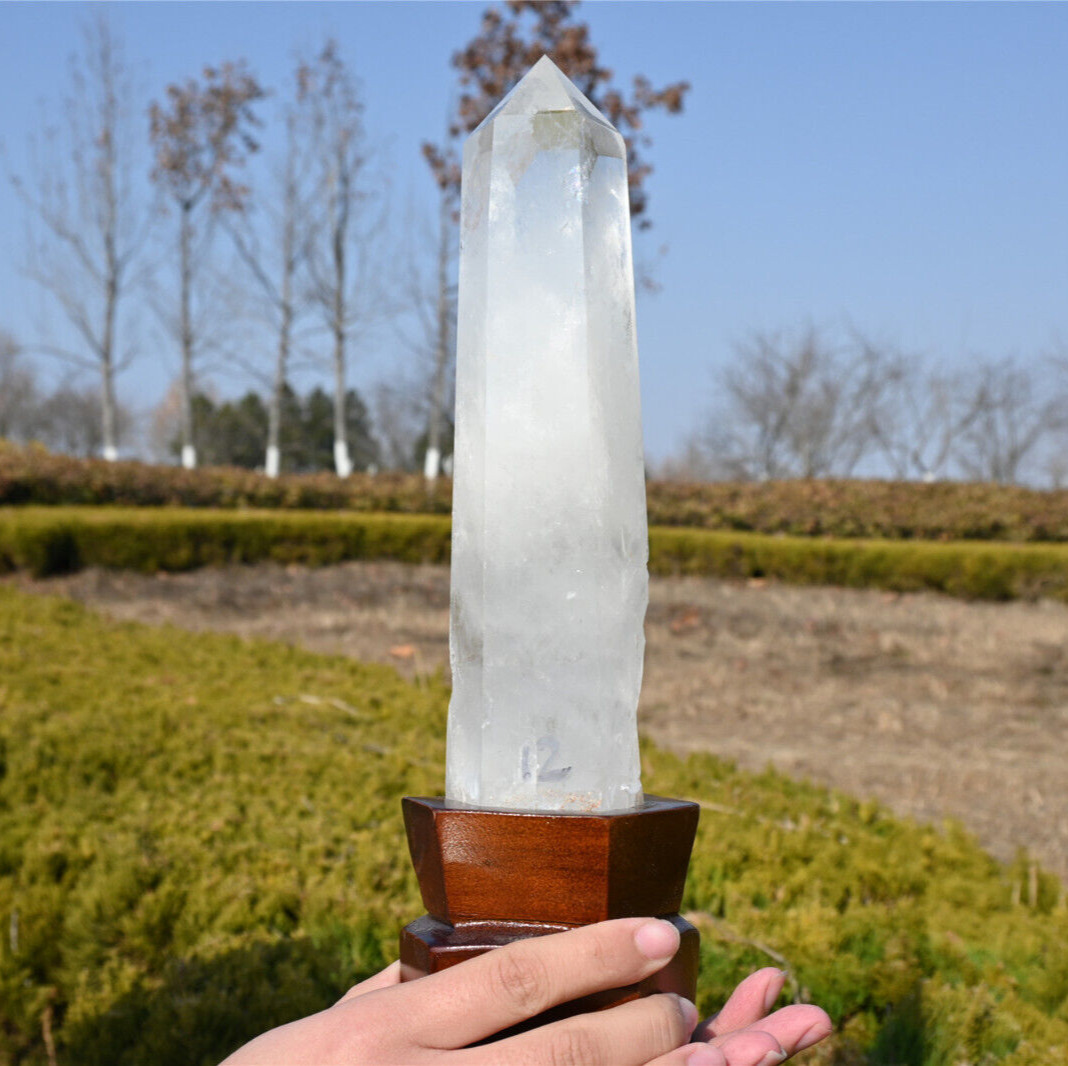 2.24lb Natural Clear Quartz Obelisk Energy Cystal Point Wand Tower Decor + Stand