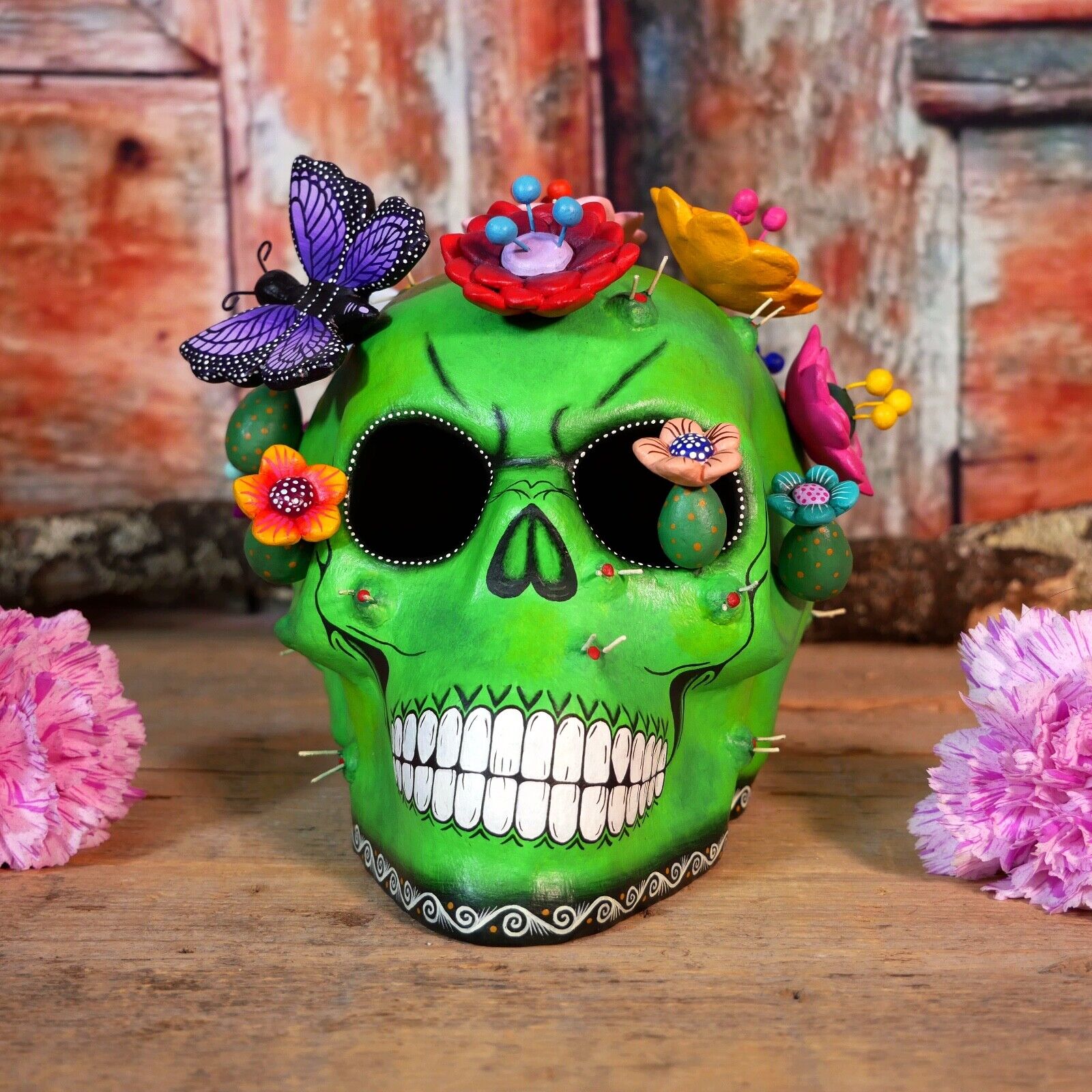 Lg Cactus Sugar Skull Day of the Dead Flowers Butterfly Handmade Mexico Folk Art