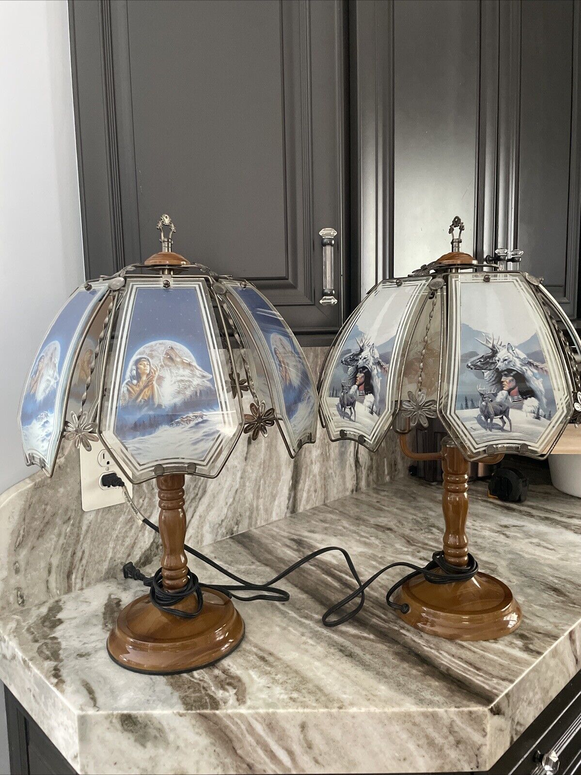 Vintage OK Lightning Set Of 2 Touch Lamps, Native American His & Hers