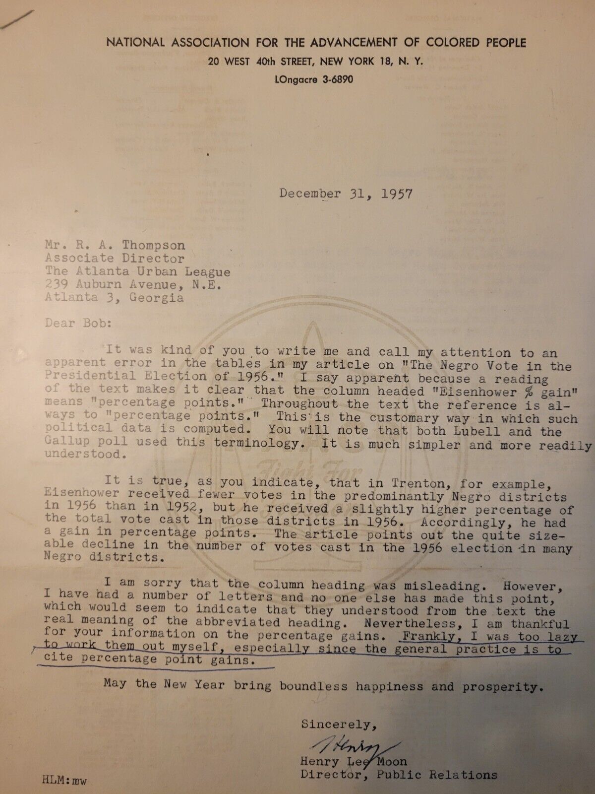 Super RARE 1957 Signed Letter From Civil Rights Leader Henry Lee Moon. NAACP 