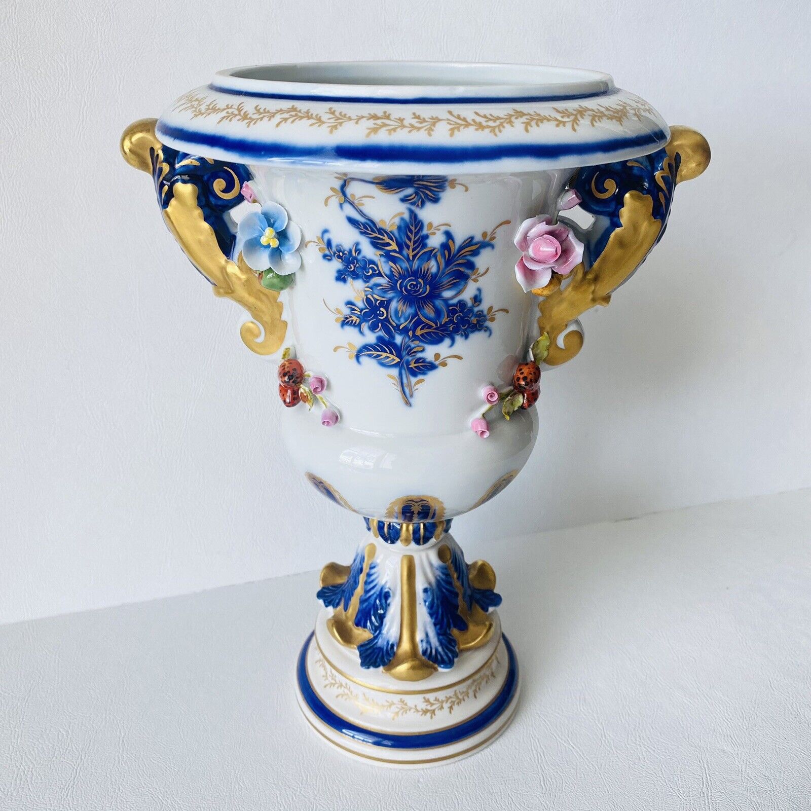 RARE Vtg Mangani Italy Porcelain Cobalt Gold Urn Vase Applied Fruit Flowers