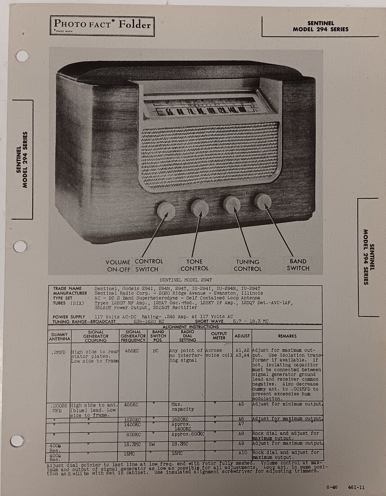 Photo Fact Data. 1946 Sentinel Model 294 Series Broadcast Radio.