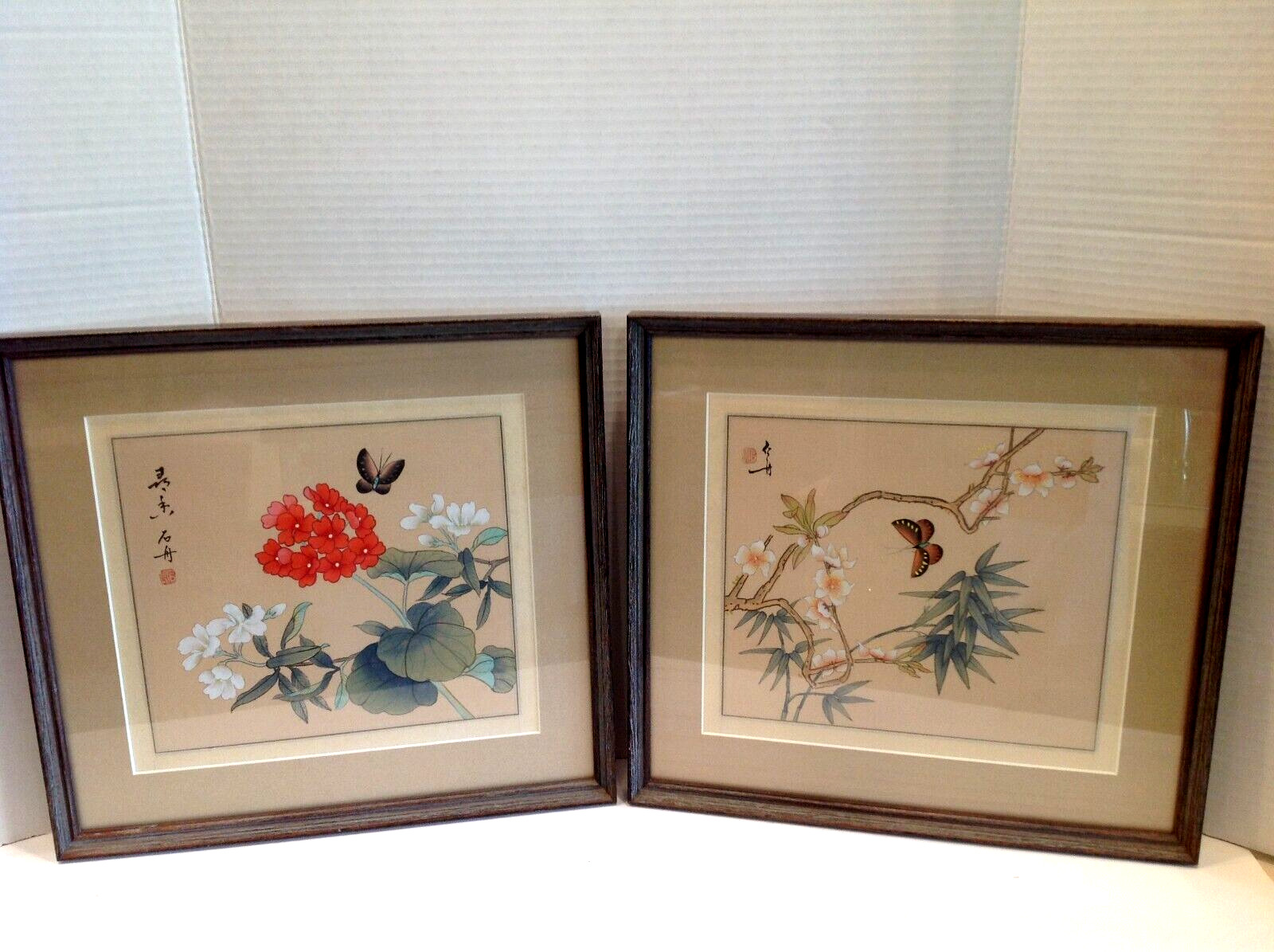 Antique Asian Watercolors on Silk Art Framed and Matted Lot of 2