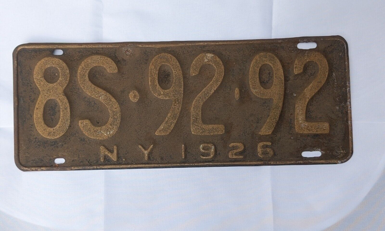 New York 1926 License Plate # 8S-92-92 Vintage Patina 