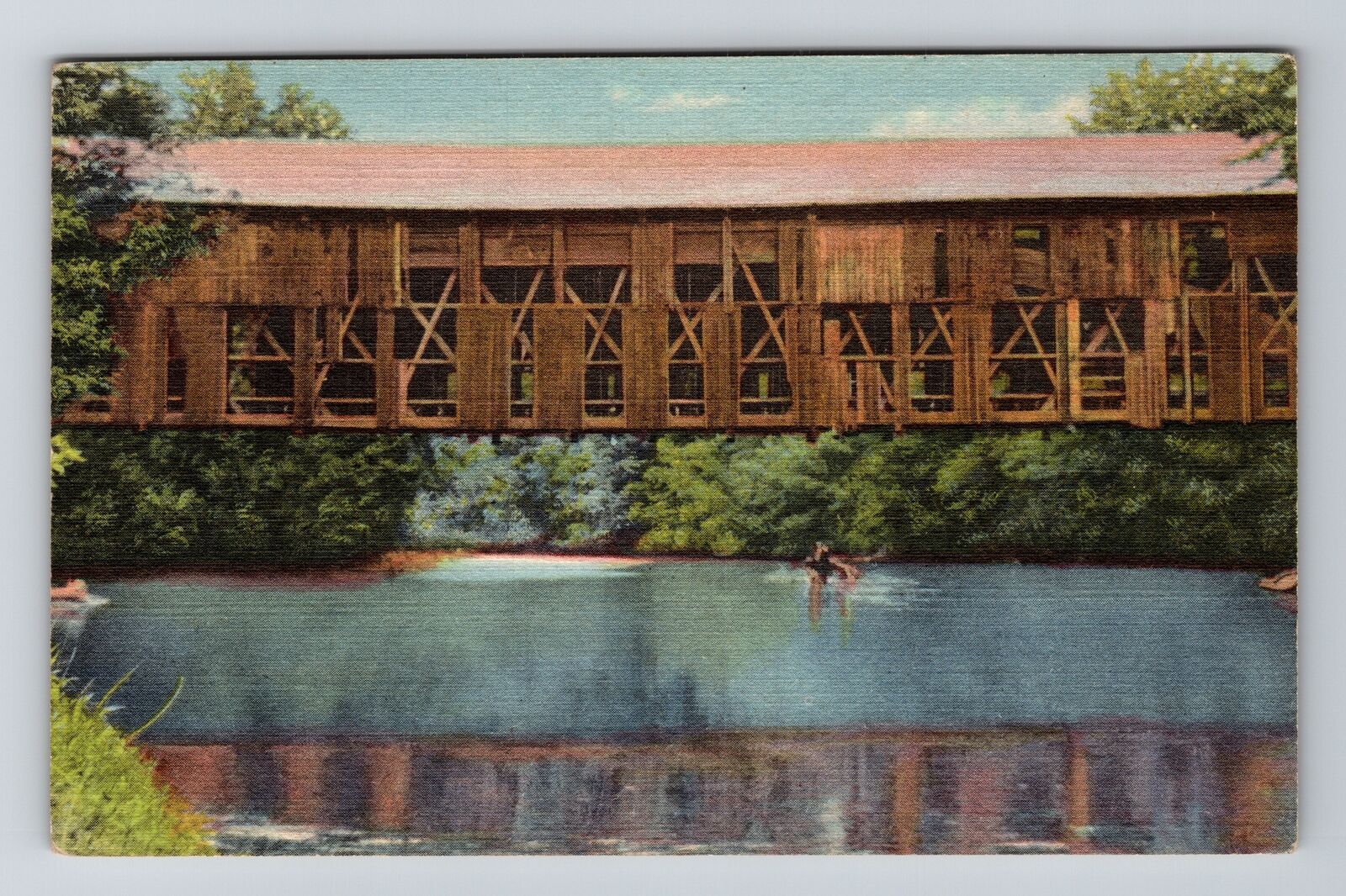 North Conway NH-New Hampshire Old Covered Bridge Above River Vintage Postcard