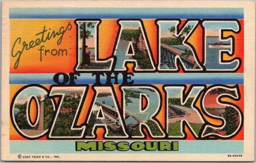 LAKE OF THE OZARKS Missouri Large Letter Postcard - Curteich Linen 1943 Cancel