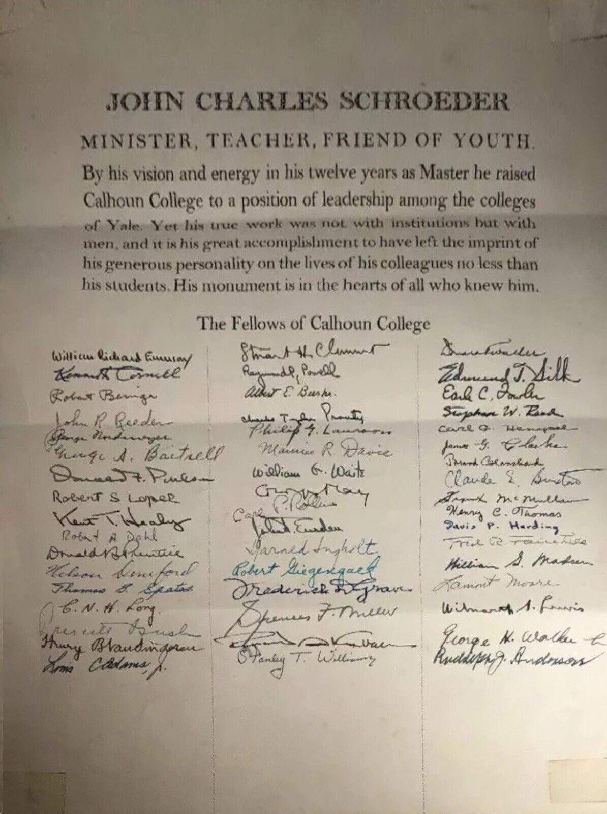 Yale University Calhoun College Fellows Signed Document 1954 George Bush Signed
