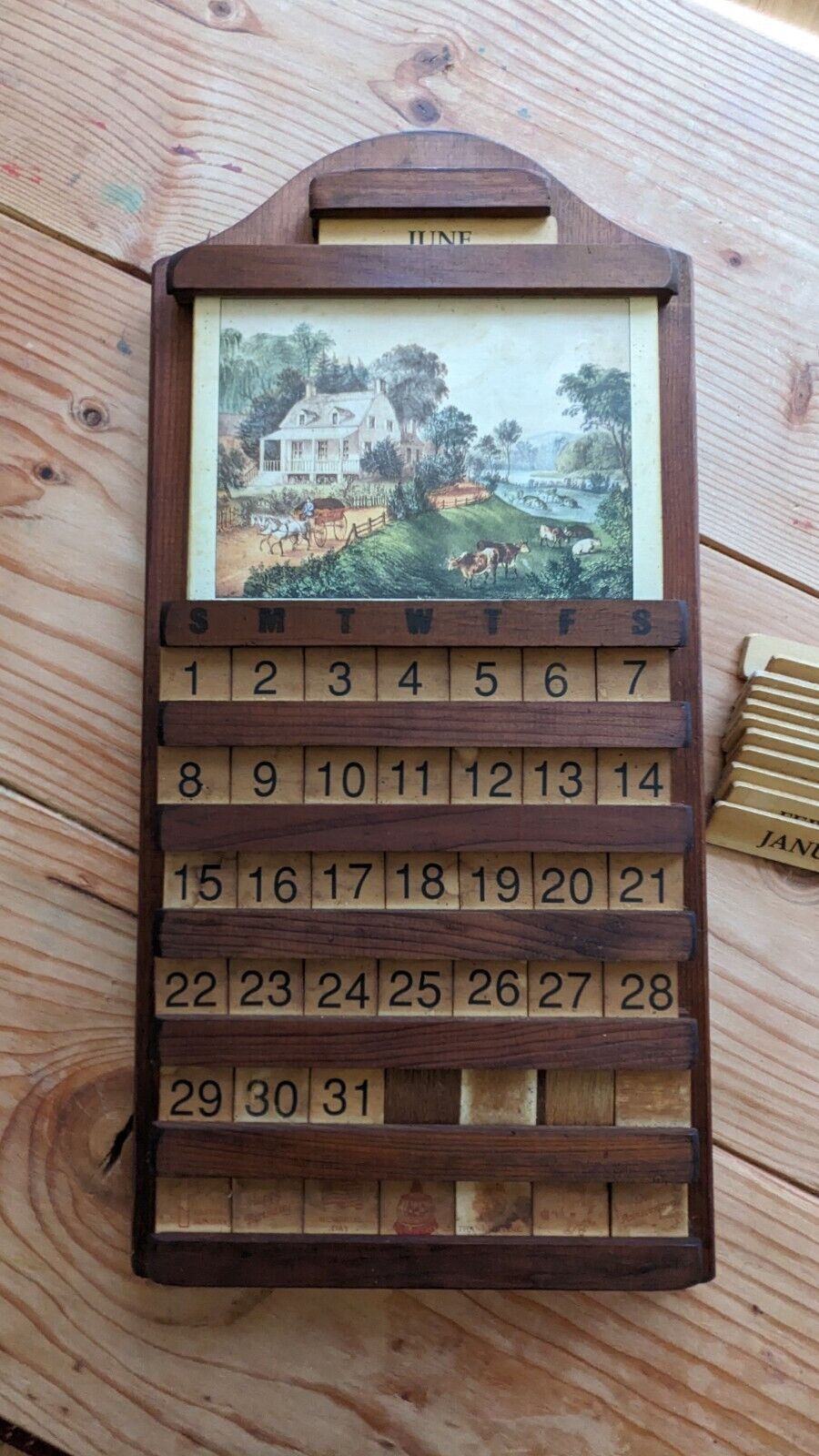 Vintage Wood Perpetual Wall Calendar Currier & Ives Artwork