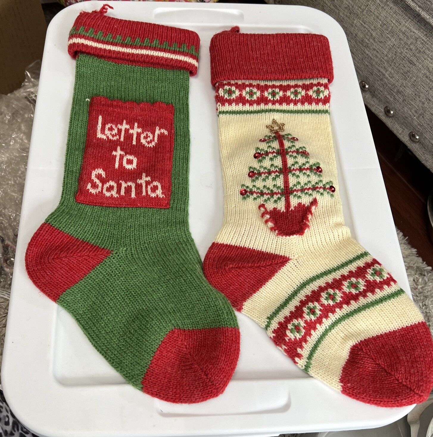 Vintage Thick Wool Christmas Stocking Set Of (2) 19 In Long