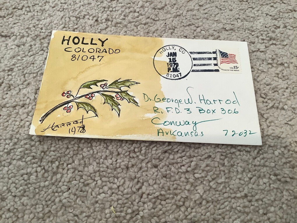 1978 HOLLY, Colorado: Signed FOLK ART WATERCOLOR Postal Cover GEORGE HARROD
