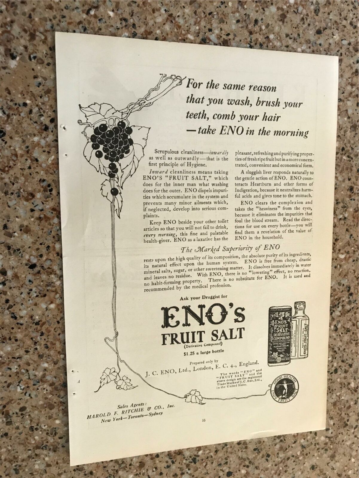 1922 VINTAGE 6.5x10 PRINT AD FOR ENO\'S FRUIT SALT DERIVATIVE COMPOUND LAXATIVE