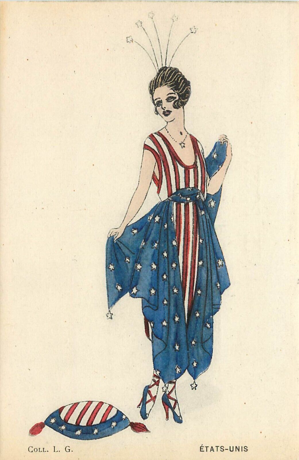 Hand-Colored Postcard; Patriotic Fantasy Glamor Girl in Stars & Stripes Gown