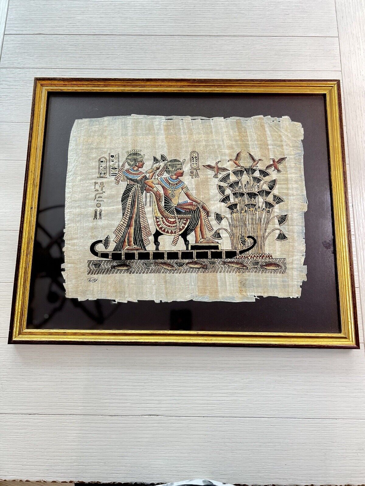 Hand Painted Egyptian Art Of Royals On Papyrus Signed&Custom Framed 19.5” x 23”