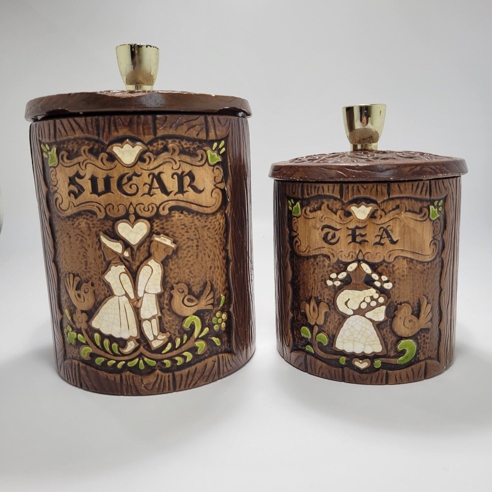 Treasure Craft VINTAGE 1962 Wood Grain Sugar & Tea Canister Set of 2 w/Lids