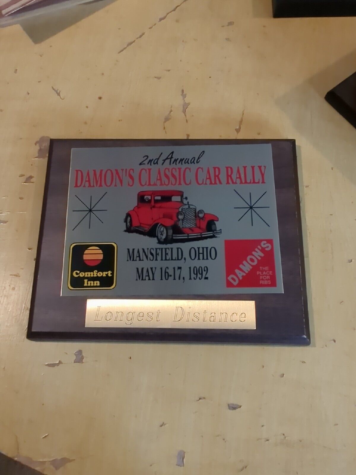 Vintage Car Show Plaque Damon's Ribs Car Rally Longest Mansfield Ohio 1992 