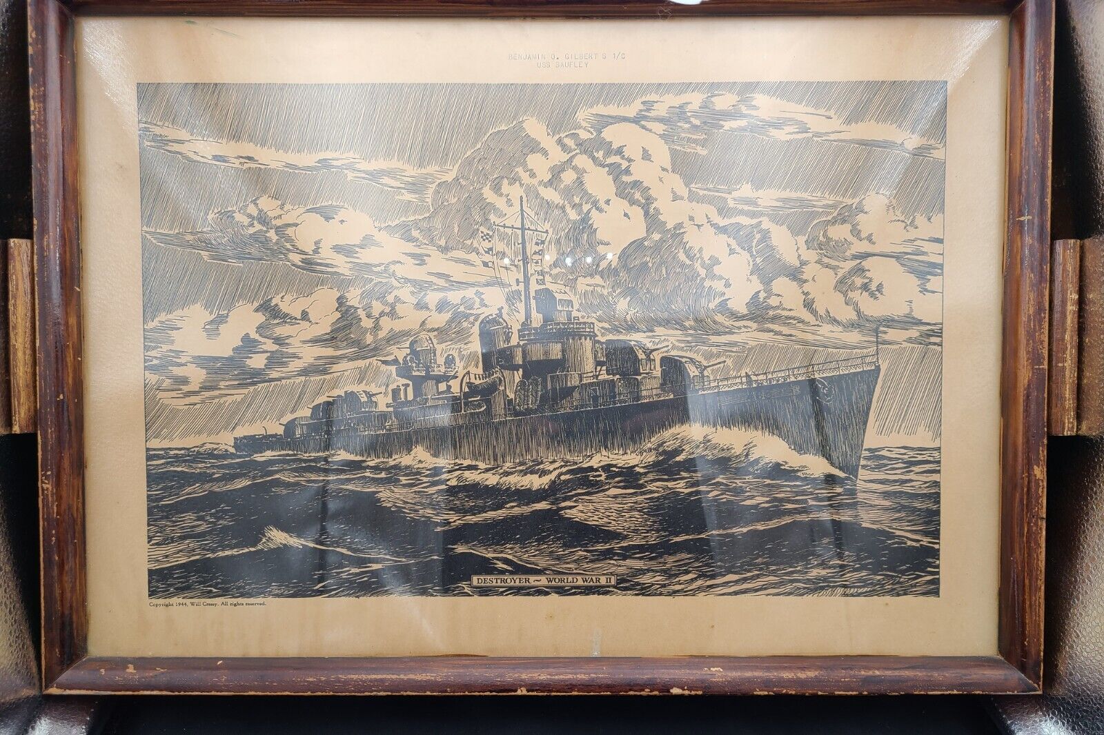 Original 1944 WW2 Will Cressy Serving Tray Art Destroyer USS SAUFLEY Print