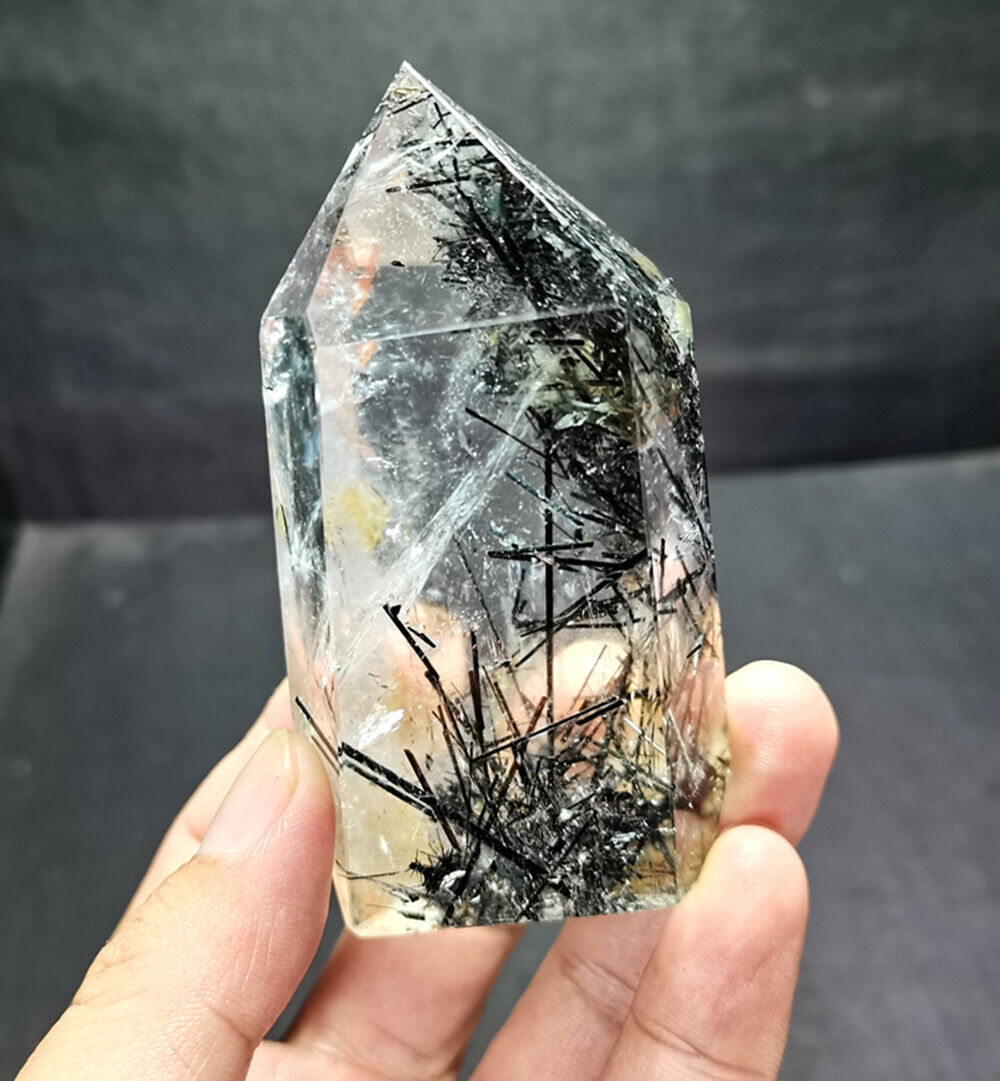 225g Natural black hair and white crystal symbiotic aura gem mineral point DD127