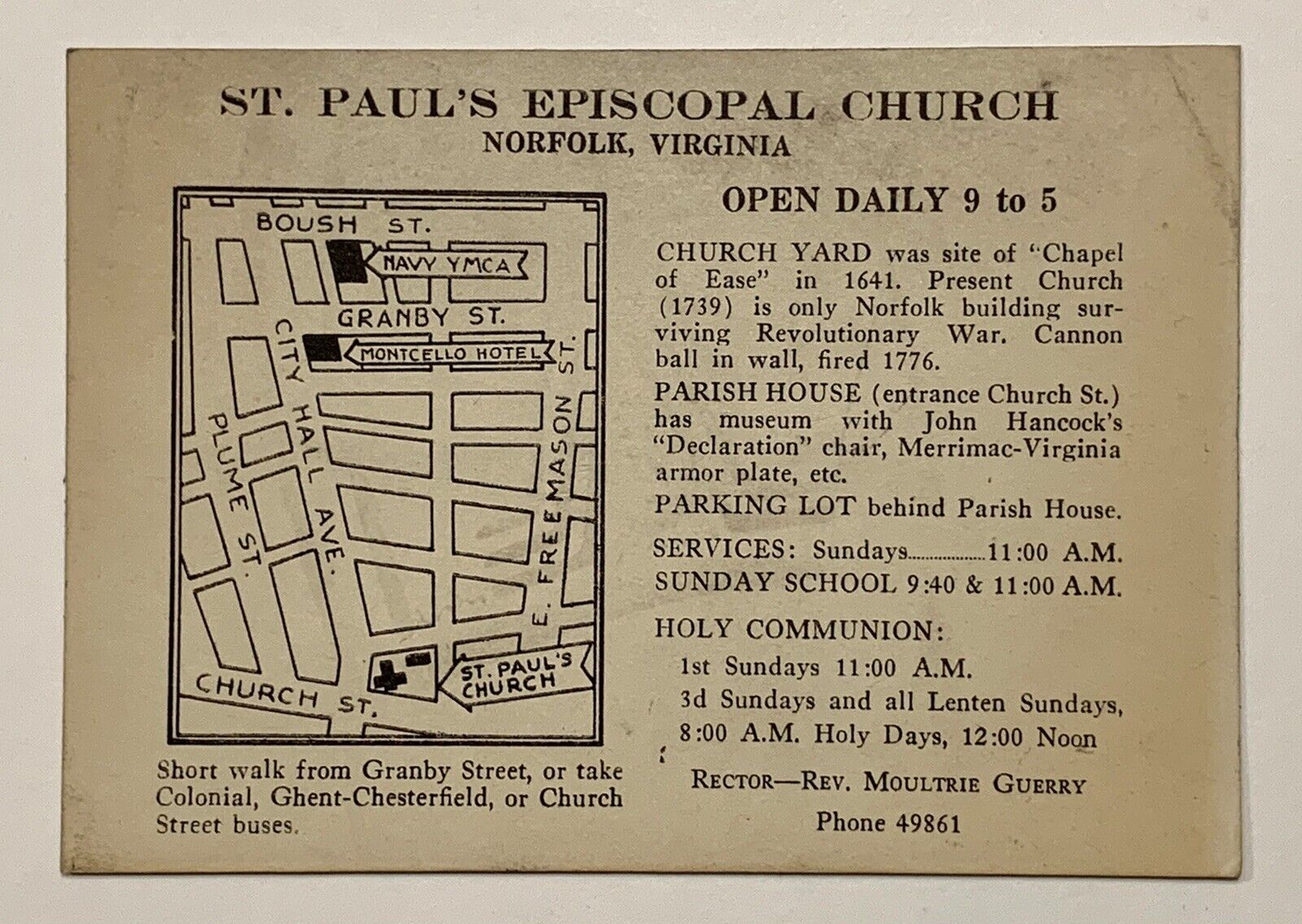 CARD: 1940s ST PAUL’S EPISCOPAL CHURCH - Rev Moultrie Guerry - Norfolk Virginia