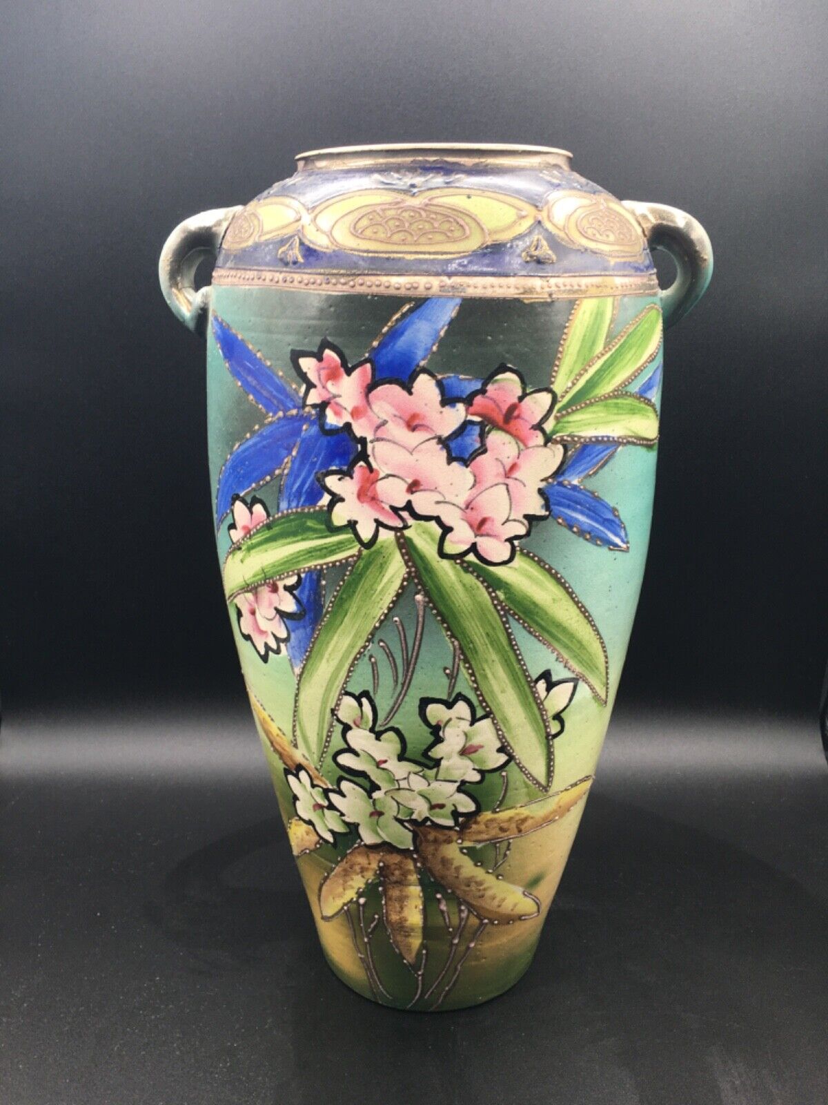 Huge Vtg NIPPON Vase Japanese Hand Painted Plumeria Floral Gilt Handled