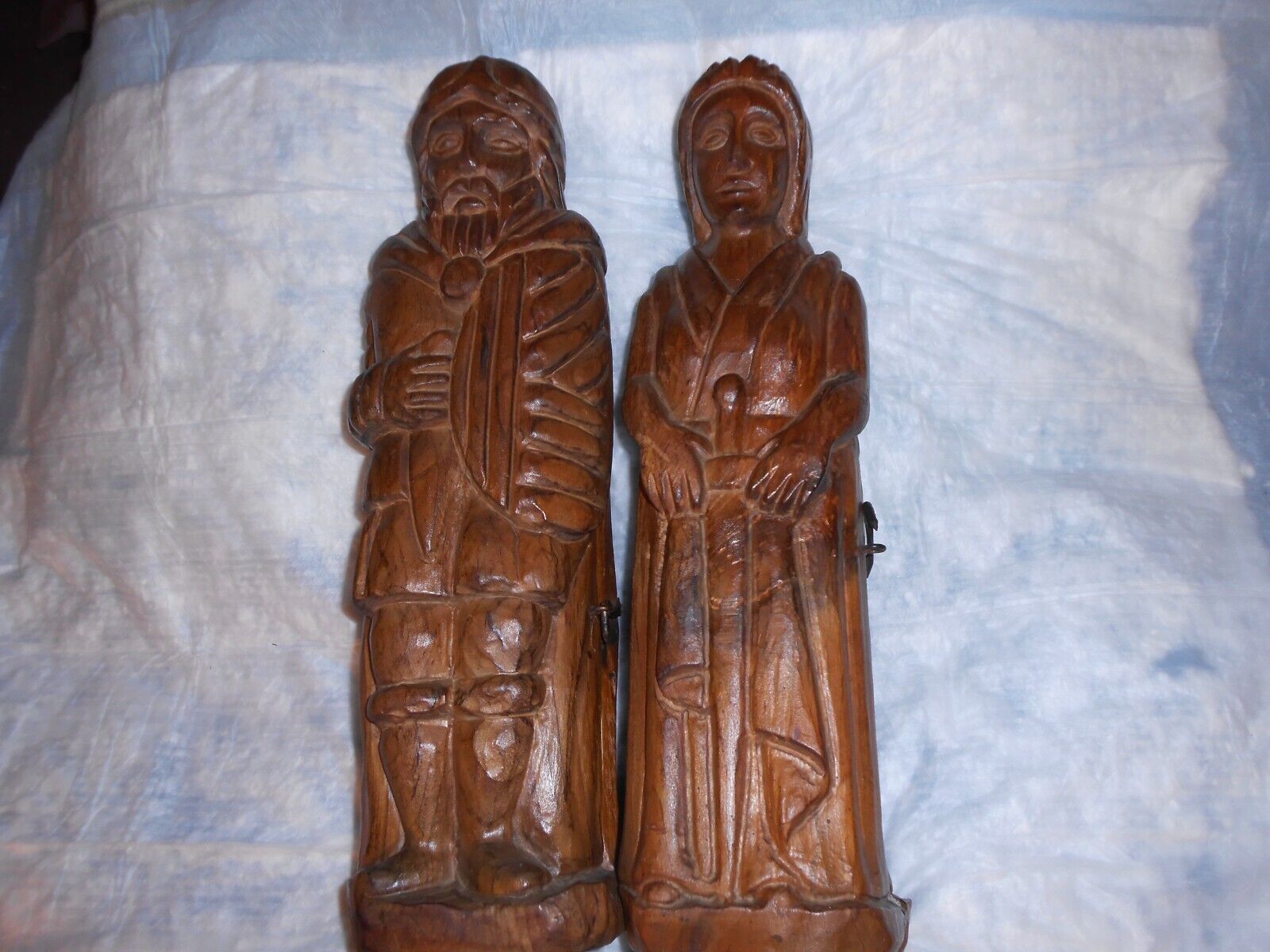 2  Vintage Celtic Man and Woman Carved Alcohol Decanter's