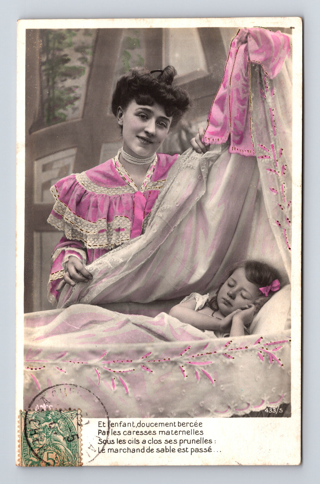 c1907 RPPC French Hand Colored Mother Daughter Sleep Sandman Poem Postcard