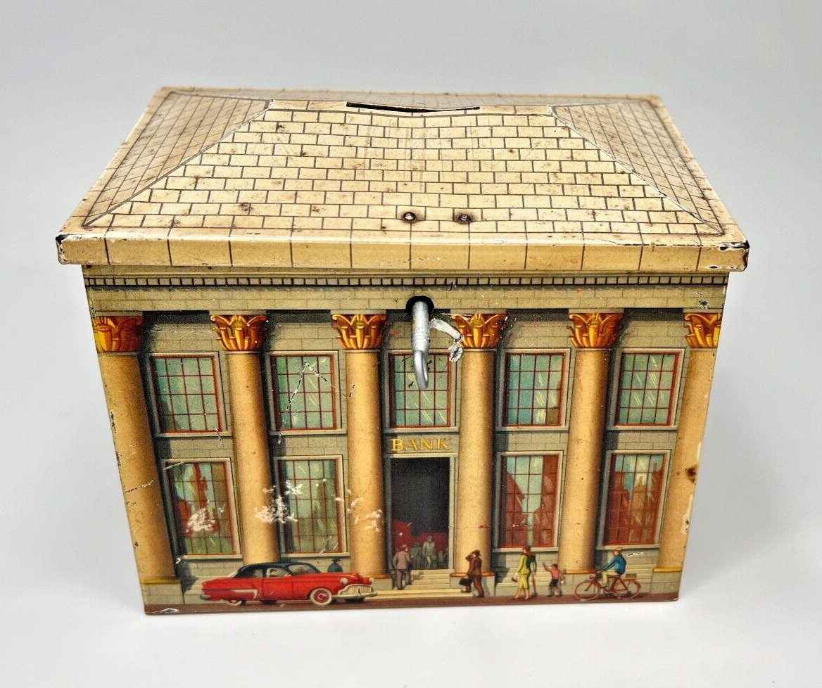 1930s Antique Belgium Biscuit Litho Tin Coin Money Bank Lithography Box w/Key