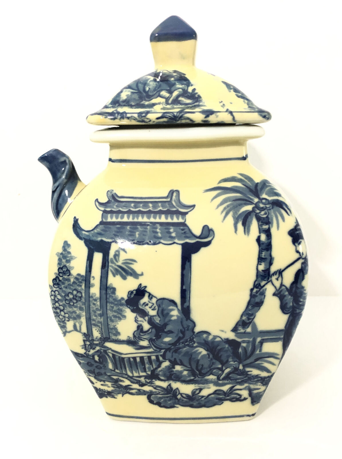Vintage Blue & White Oriental/Asian Ceramic Tea Pot- Jar W/ Lid. 12”x8” Japanese