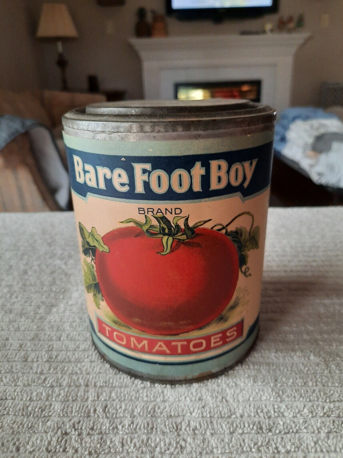 1920s advertising tin Chromolithograph Paper Label BARE FOOT BOY TOMATOES beauty