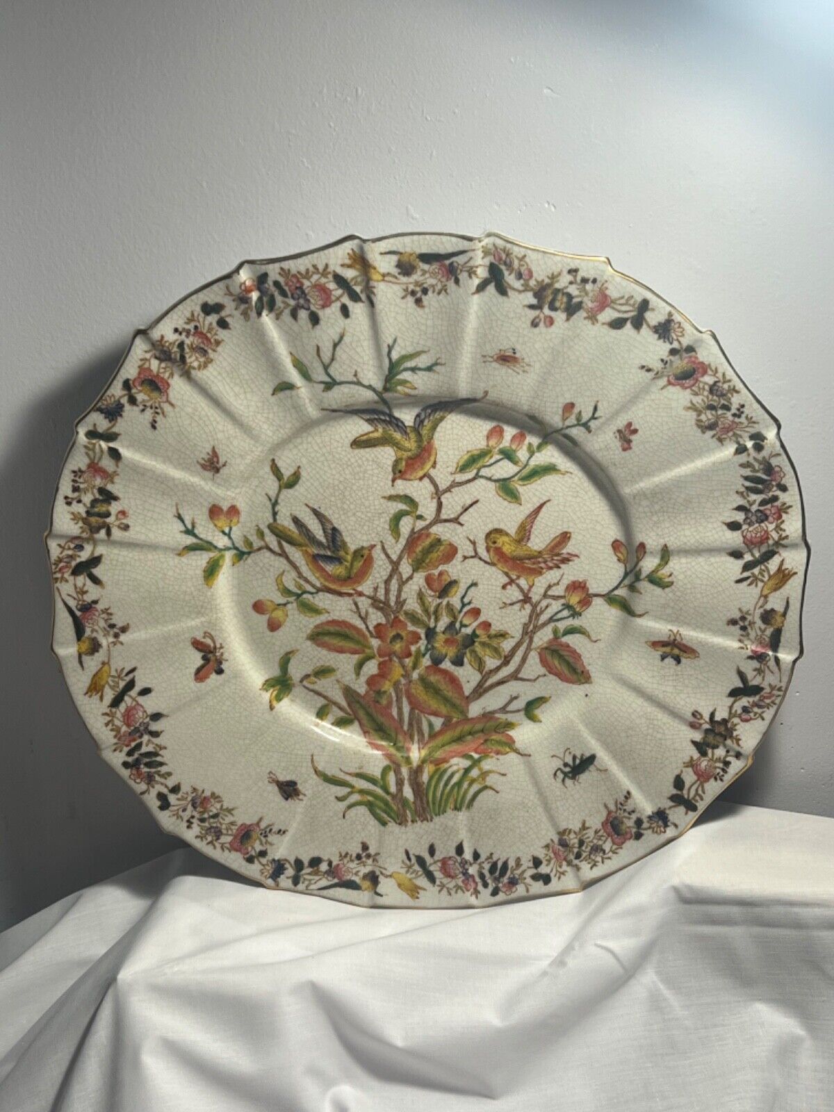 Chinese Hand Painted Wall Platter Birds & Flowers Crackle Marked 13.75
