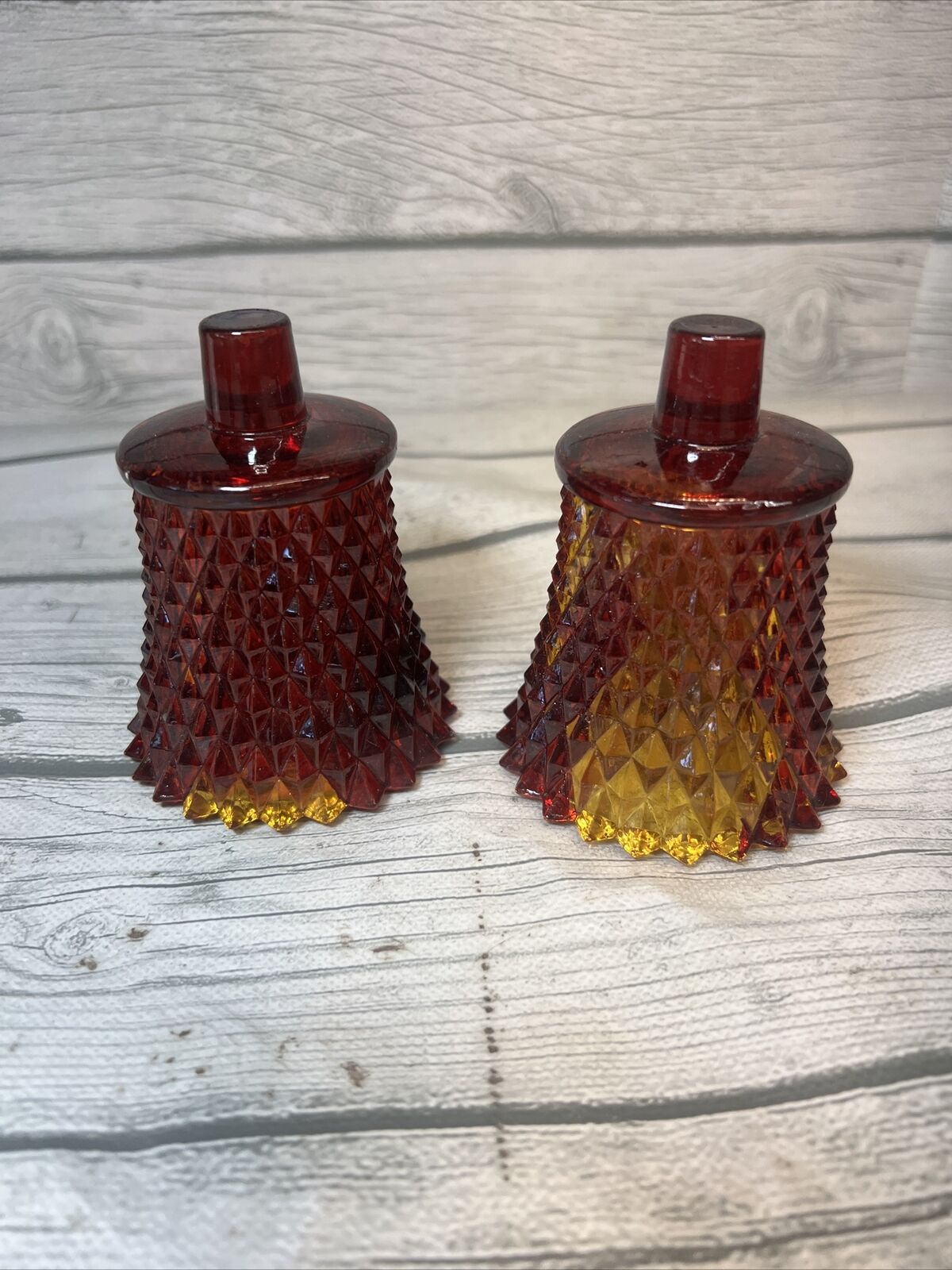 2 Vintage Diamond Cut Votive Candle Holders Peg Sconce Ruby Red Glass Read